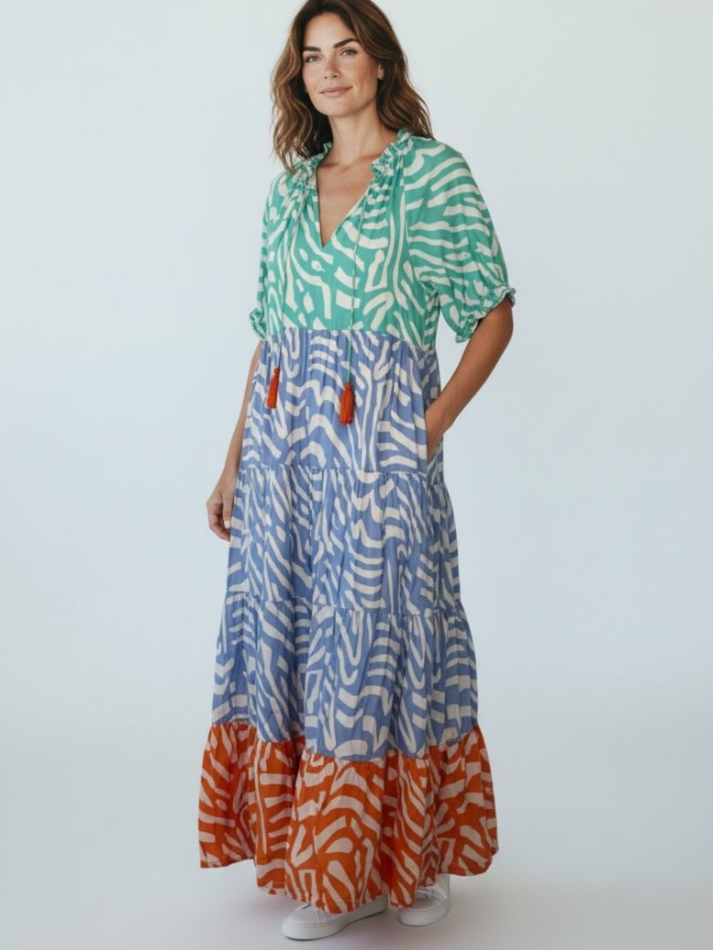 Briton Court Zebra Maxi Dress- 100% Cotton- Blue/Teal/Orange- M - MSRP $179